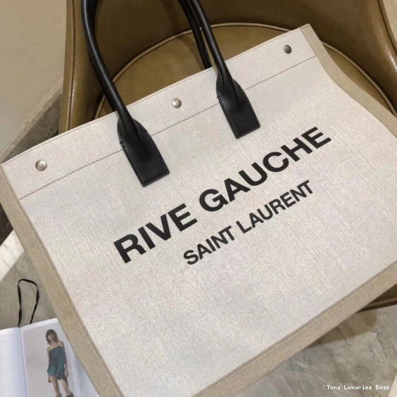 Tony Luxuries RIVE YSL AND BAG LINEN IN LEATHER TOTE GAUCHE 0723